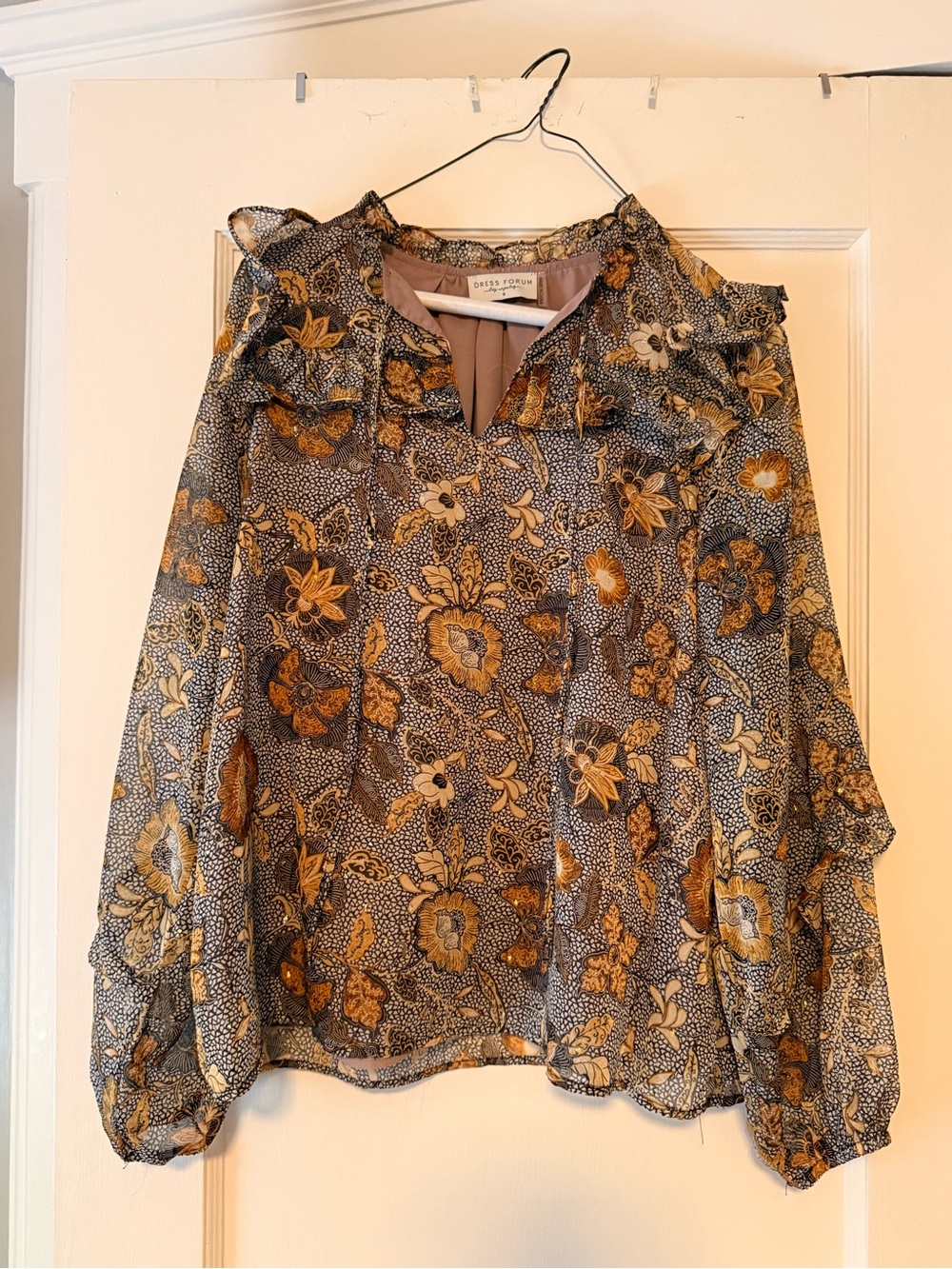 Dress Forum Floral Ruffle-Neck Blouse in Mustard and Gray